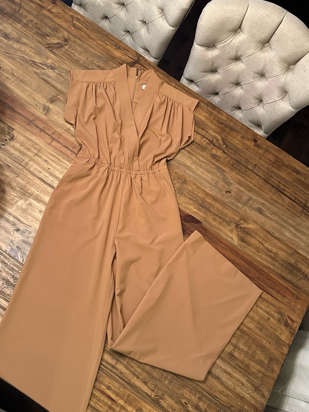 Calvin Klein Camel Wide-Leg V-Neck Jumpsuit